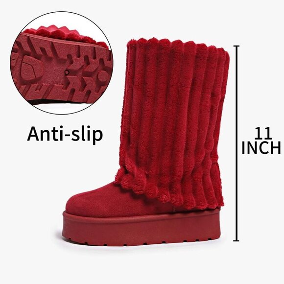 ✨Women's Red Platform Fur Boots Fuzzy Fleece Lined Ankle Anti-Slip Booties - Picture 4 of 6